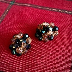 Germany Vintage Navy/Tan Beaded Clip-On Earrings